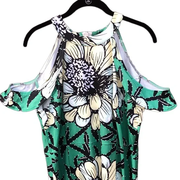 Vintage Green Large Floral Maxi Dress Yellow White Halter Cold Shoulder Luau - Picture 3 of 5